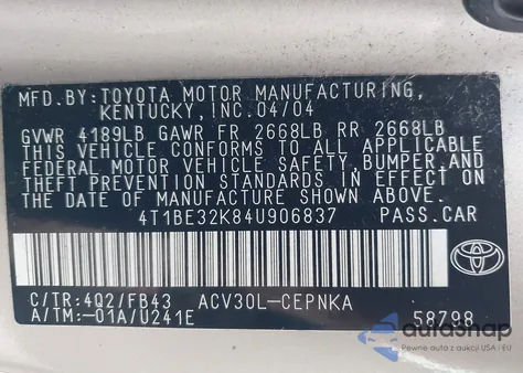 2004 Toyota Camry Le z USA, uszkodzony, nr VIN 4T1BE32K84U906837